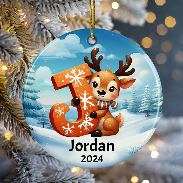 Personalized Name Initial J Kids Christmas Reindeer Ornament