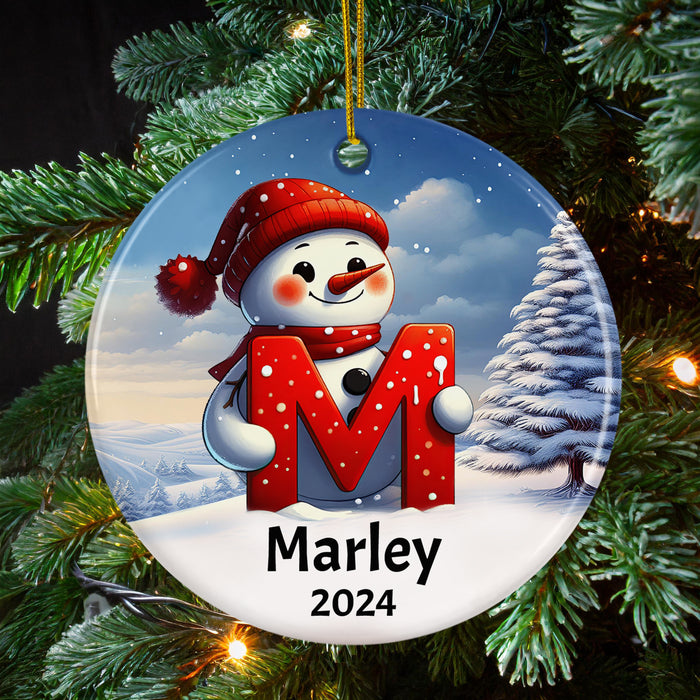 Personalized Name Initial M Kids Christmas Snowman Ornament