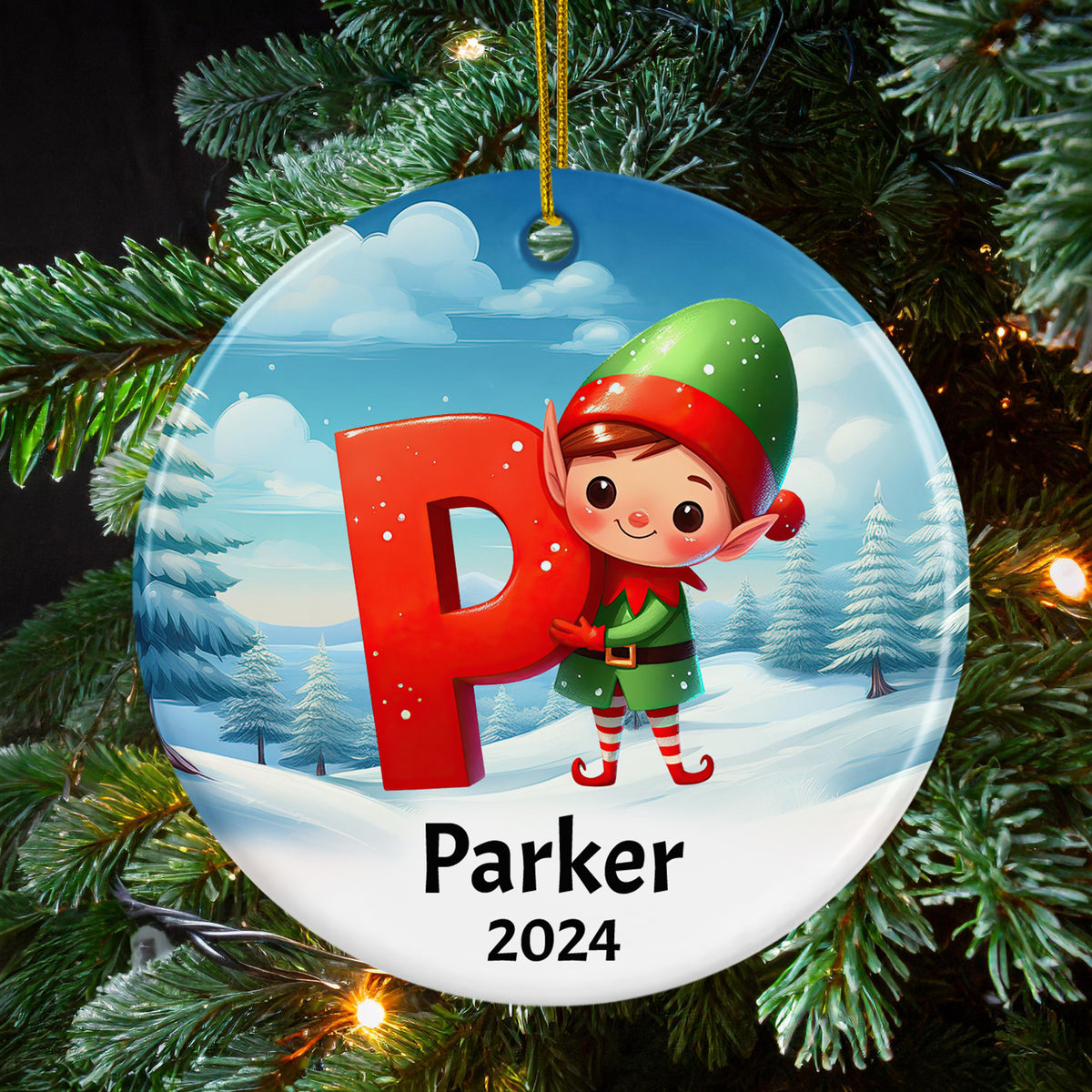 Personalized Name Initial P Kids Christmas Elf Ornament