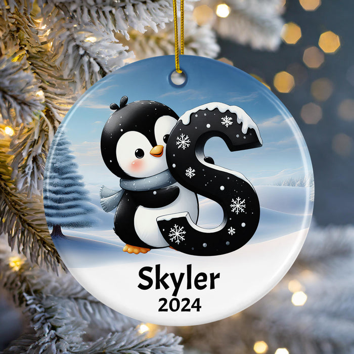 Personalized Name Initial S Kids Christmas Penguin Ornament