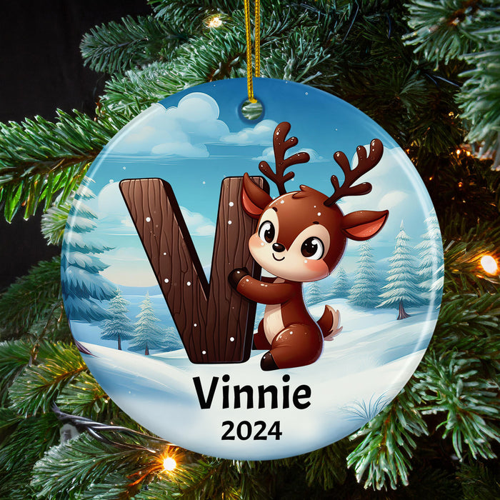 Personalized Name Initial V Kids Christmas Reindeer Ornament