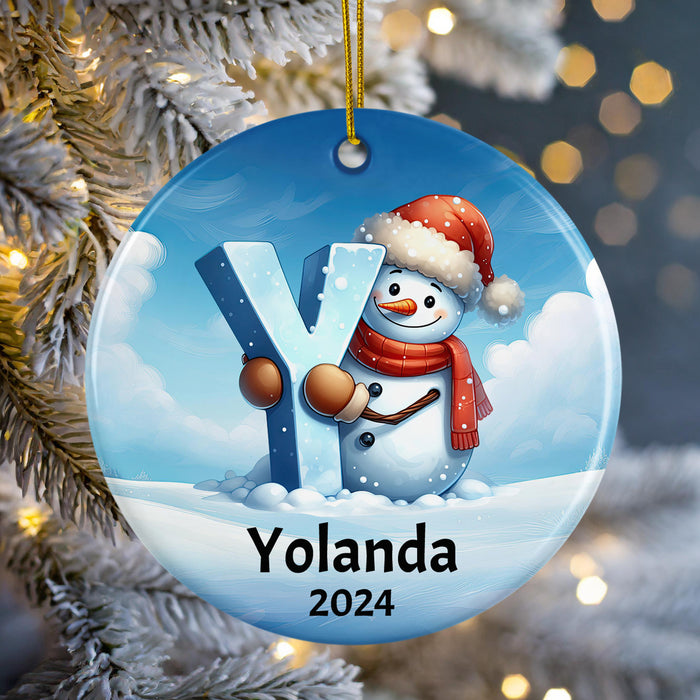 Personalized Name Initial Y Kids Christmas Snowman Ornament