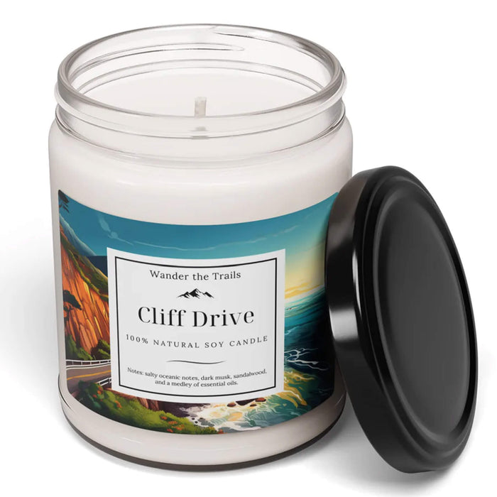 Cliff Drive candle with coastal breeze and floral scent in a reusable glass jar