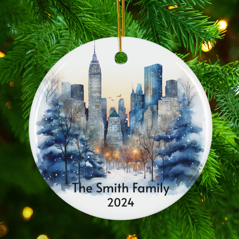 New York City Personalized Winter Scene Ceramic Ornament