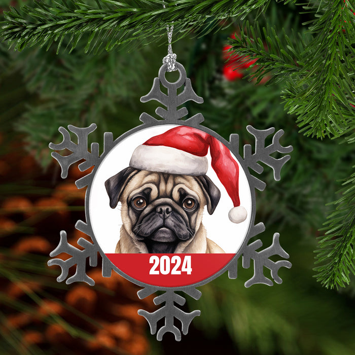 Pug 2024 Christmas Pewter Snowflake Ornament with Free Gift Box