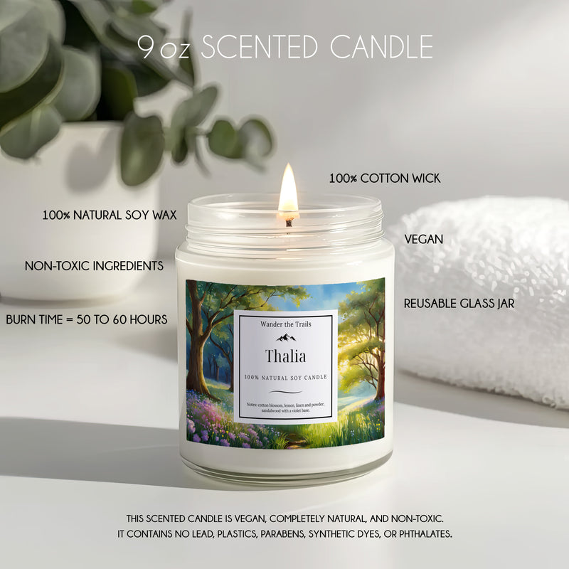 Eco-friendly and vegan Thalia candle with serene cotton blossom and lemon design.