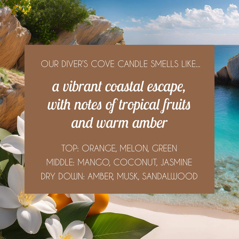 Non-toxic and vegan Diver's Cove candle with a refreshing coastal fragrance, perfect for creating an uplifting atmosphere